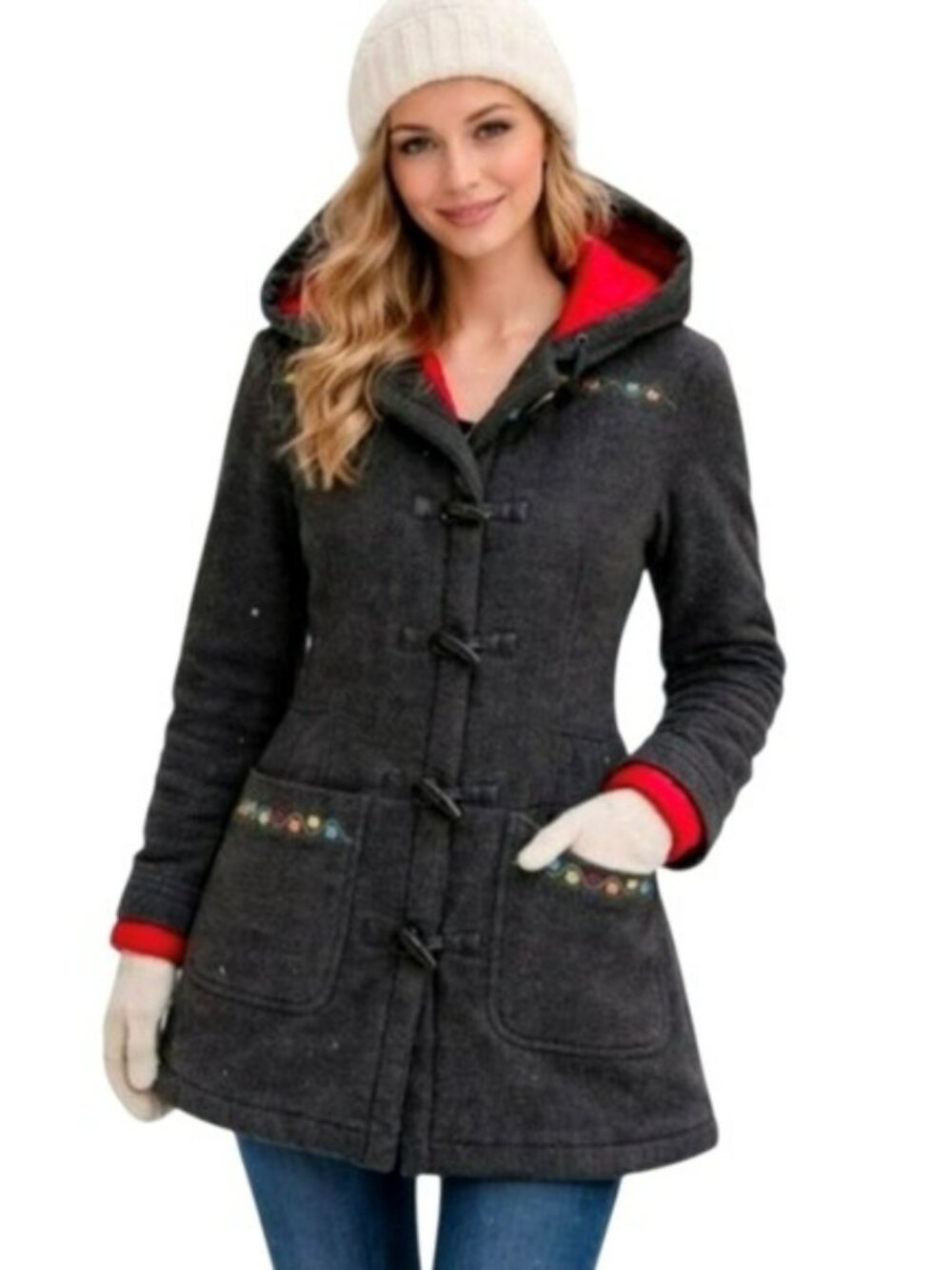 Women’s Hooded Toggle Coat Gray Embroidered Pockets Quilted Lining Jacket Medium